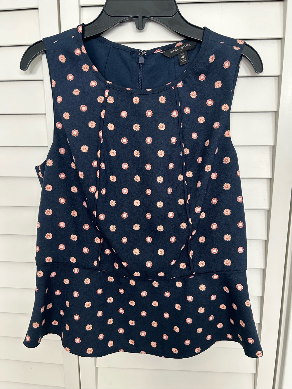 Banana Republic Navy Sleeveless Peplum Top with Pink Dot Floral Print